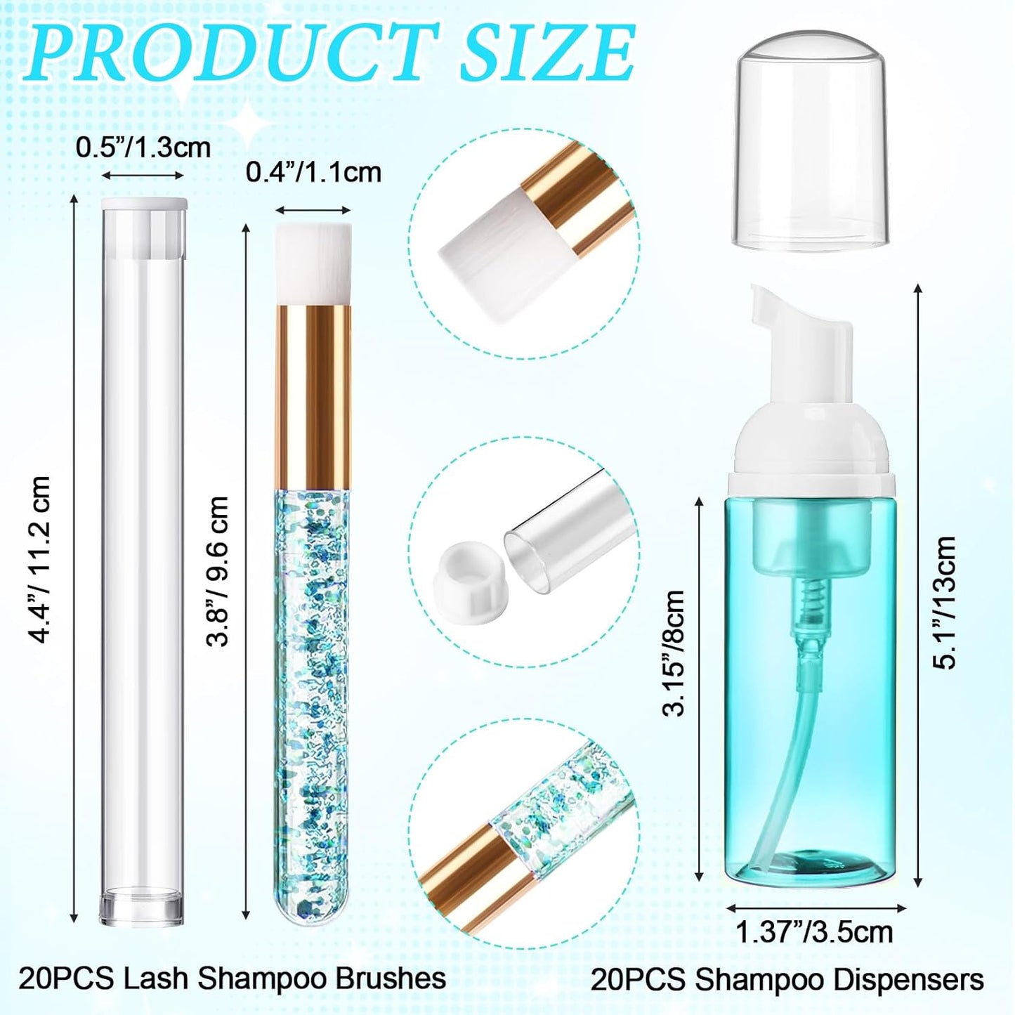 Zhehao 80 Pcs Lash Shampoo Bottle Brushes Kit 20 Foam Pump Dispensers 20 Lash Shampoo Brushes 20 Eyelash Aftercare Bag 20 Cleaning Pipes, Eyelash Extension Supplies(Blue)-GlimoraGlow
