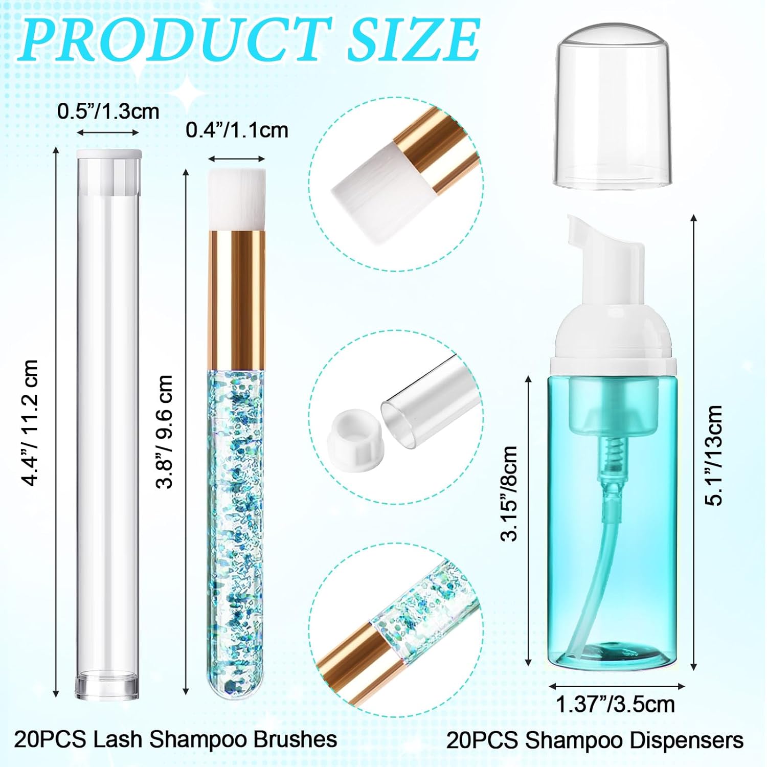 Zhehao 80 Pcs Lash Shampoo Bottle Brushes Kit 20 Foam Pump Dispensers 20 Lash Shampoo Brushes 20 Eyelash Aftercare Bag 20 Cleaning Pipes, Eyelash Extension Supplies(Blue)-GlimoraGlow
