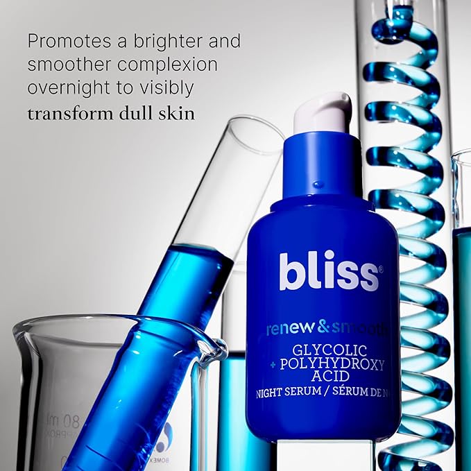 Bliss Glycolic + Polyhydroxy Acid Renew & Smooth - Night Serum - Gently Exfoliate Skin - Hydrating Squalane - Vegan & Cruelty-Free - 1 Fl Oz-GlimoraGlow
