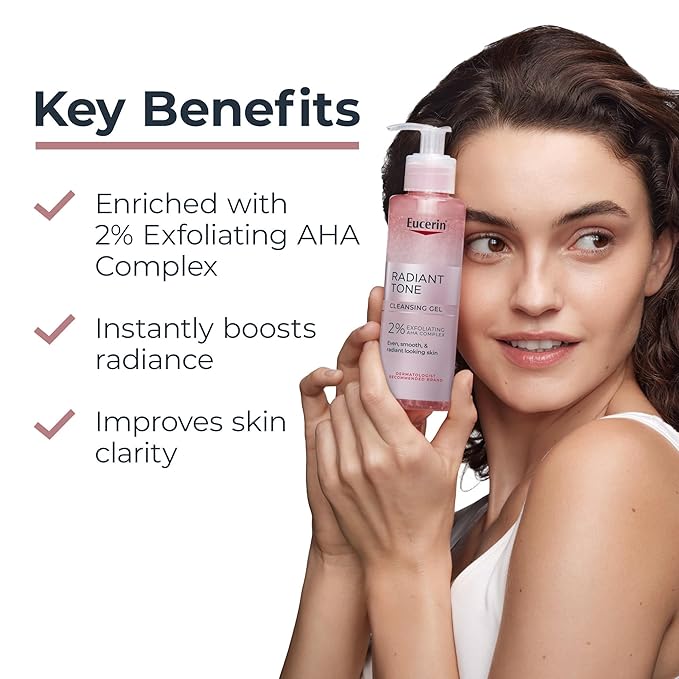 Eucerin Radiant Tone Face Cleanser Gel with 2% Exfoliating AHA Complex, Gentle Face Wash Improves Skin Clarity and Boosts Radiance, All Skin Types, 6.8 Fl Oz Bottle-GlimoraGlow