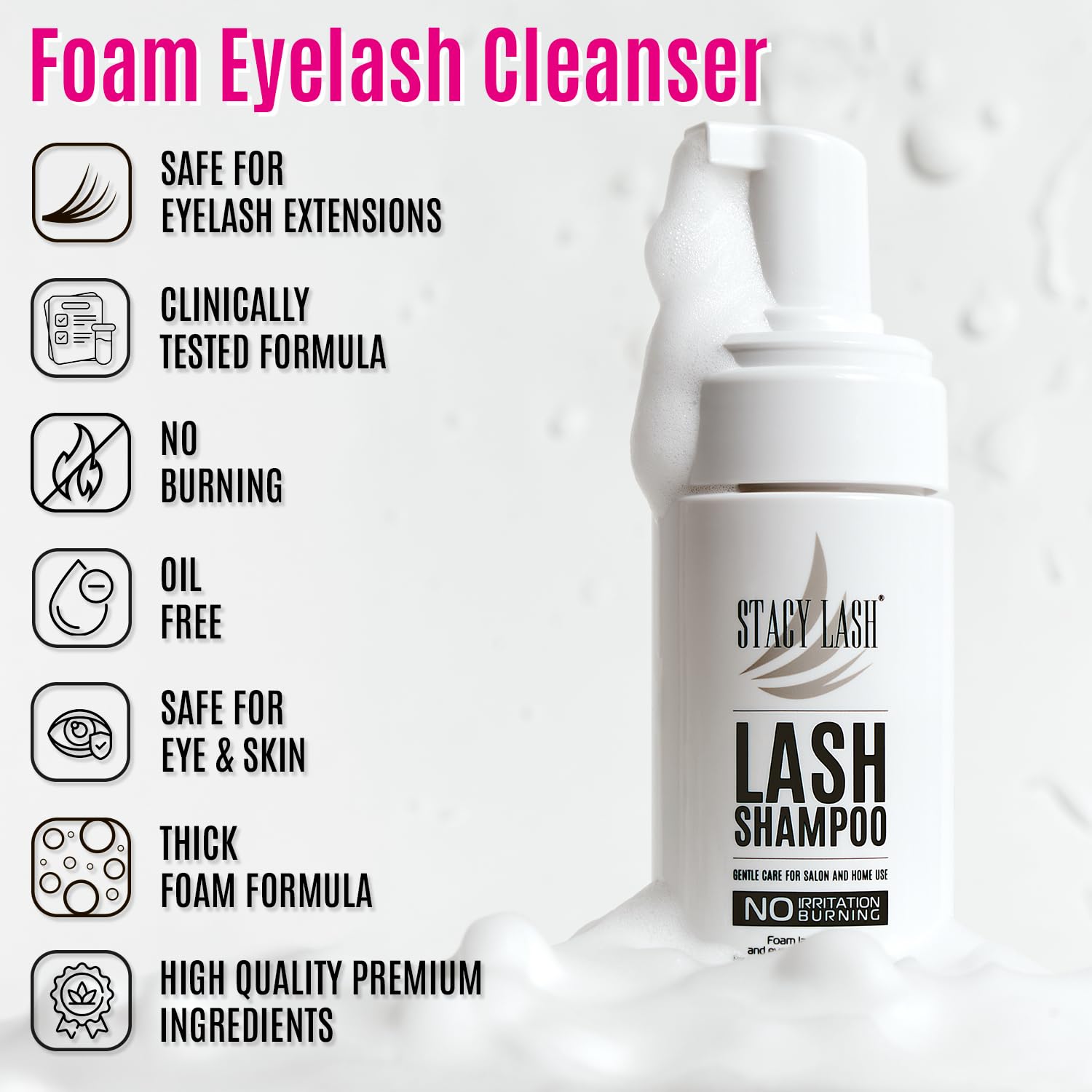 STACY LASH Lash Shampoo Kit Foaming Cleanser with Eye Lash Spoolies & Rinse Bottle & Cleansing Pad & Brush for Eyelash Extensions & Clusters & Natural Eyelashes-GlimoraGlow