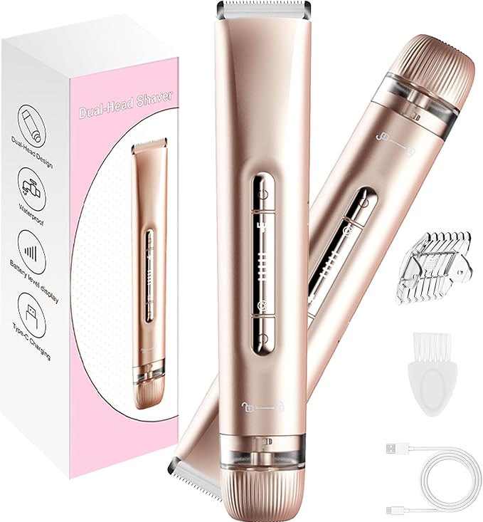 2 in 1 Electric Bikini Trimmer for Women, Dual Head Painless Razor Shaver,Wet & Dry Use Body Hair Trimmer and Facial Hair Remover for Underarm Leg Arm Body Face-GlimoraGlow