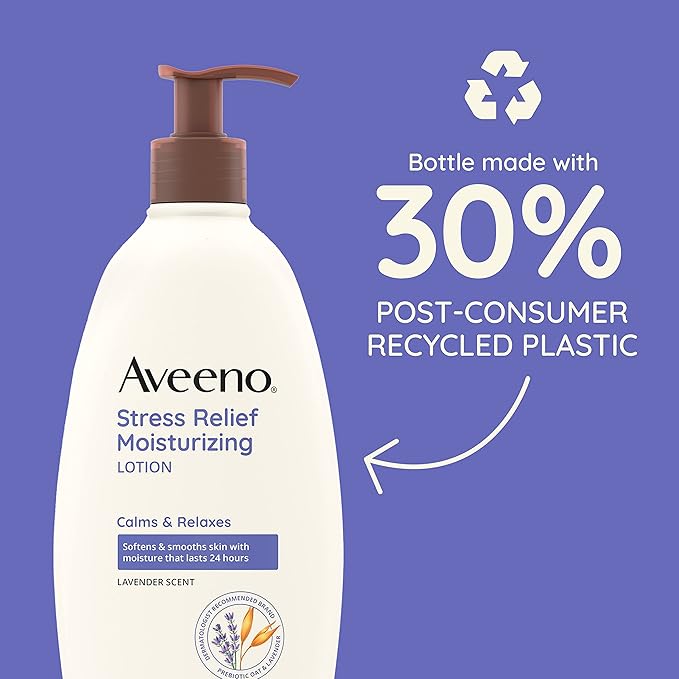 Aveeno Stress Relief Moisturizing Body Lotion 33 Fl Oz, Lavender Scent with Prebiotic Oat, Hydrating 24-Hour Moisturizer Non-Greasy for Dry Sensitive Skin, Paraben & Dye Free, Calming & Relaxing-GlimoraGlow