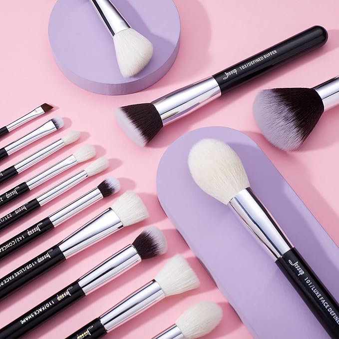 Jessup 25pcs Professional Makeup Brush Set Foundation Powder Concealer Eyeshadow Blending Blush Highlighter Natural-Synthetic Hair Brushes (Black/Silver)-GlimoraGlow