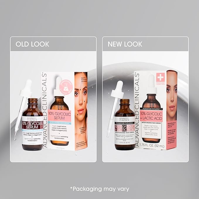 Advanced Clinicals Exfoliating 10% Glycolic Acid Serum For Face + Lactic Acid | Facial Exfoliant AHA + Salicylic Acid Serum To Improve Look Of Large Pores, Uneven Skin Tone, & Dark Spots, 1.75 FL Oz-GlimoraGlow