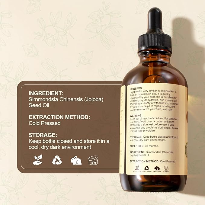 Yoken Jojoba Oil 4 fl oz EWG Verified 100% Pure Jojoba Oil Cold Pressed for Skin, Hair, Nails, Cuticles - Unrefined & Hexane Free, Natural Moisturizer Carrier oils Facial Serum for Gua Sha-GlimoraGlow