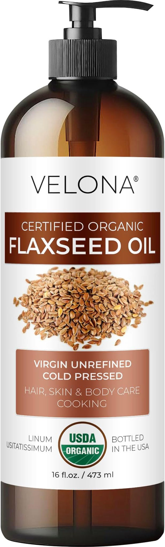 velona USDA Certified Organic Flaxseed Oil - 16 Fl Oz | 100% Pure and Natural Carrier Oil | Unrefined, Cold Pressed |Body, Face & Skin Care | Use Today - Enjoy Results…-GlimoraGlow