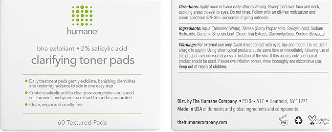 Humane Clarifying Toner Pads for Face - 2% BHA Liquid Salicylic Acid - Pore Minimizer and Facial Exfoliator - Gentle for All Skin Types - Removes Excess Oil, Dead Skin Cells, and Grime - 4 Ounce-GlimoraGlow