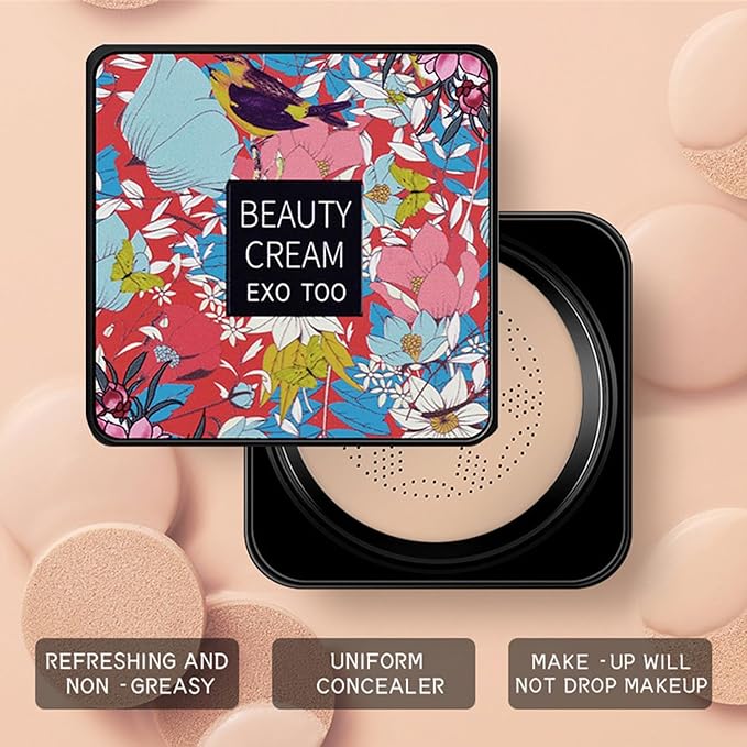 2 Pack Beauty Cream EXO TOO Foundation, Beauty Cream Makeup Base, Moisturizing, Long Lasting Matte Air Cushion CC Cream Concealer with Two Mushroom Head Sponges-GlimoraGlow