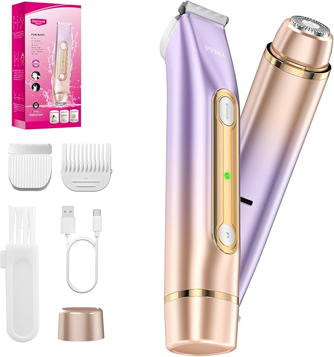 2 in 1 Bikini Trimmer for Women, Dual Head Electric Razor, IPX7 Waterproof Wet/Dry Use Women Electric Shaver, Painless Body Facial Hair Remover for Bikini Legs Arm Underarm, (Lavender)-GlimoraGlow