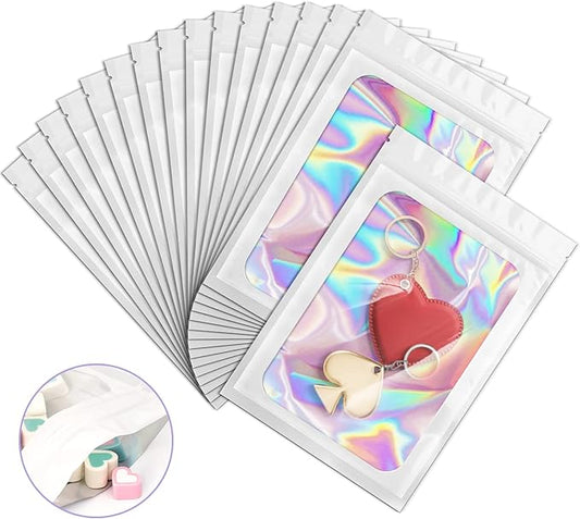 100 Pieces Smell Proof Mylar Bags, Holographic Packaging Bags, Resealable Odor Foil Pouch Zipper Bag with Clear Window for Food Storage and Lipgloss, Jewelry Lash(White, 4 x 6 Inch)-GlimoraGlow