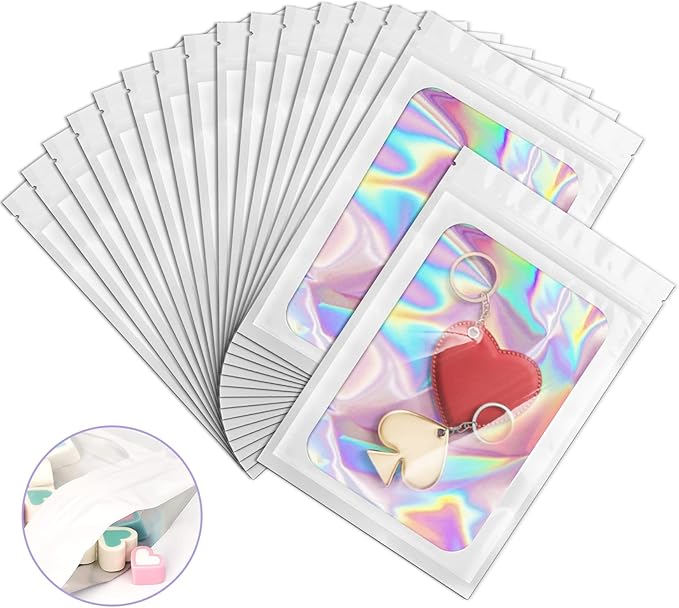 100 Pack Holographic Bags, Smell Proof Packaging Bags, Clear Window Resealable Odor Foil Pouch Mylar Bag for Food Storage and Lipgloss, Jewelry Lash (White, 3 x 4.7 Inch)-GlimoraGlow