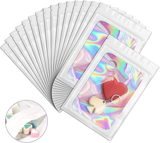 100 Pack Holographic Bags, Smell Proof Packaging Bags, Clear Window Resealable Odor Foil Pouch Mylar Bag for Food Storage and Lipgloss, Jewelry Lash (White, 3 x 4.7 Inch)-GlimoraGlow