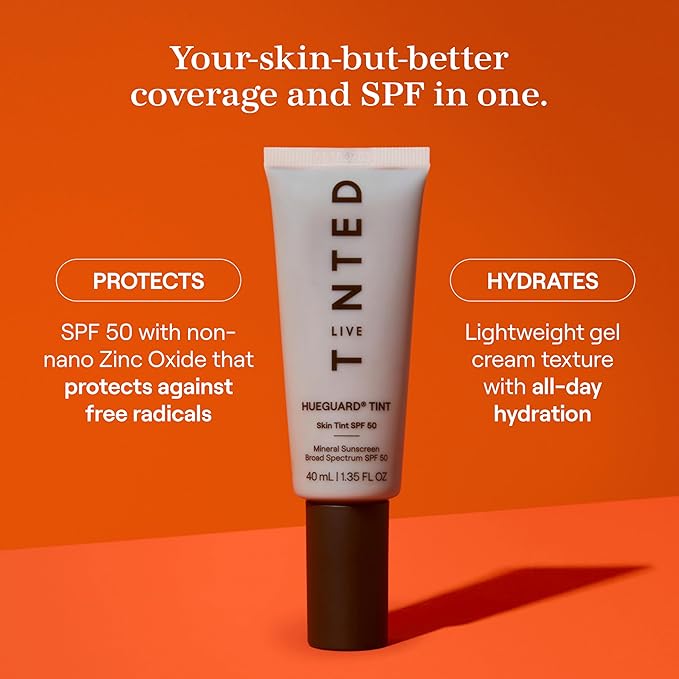 Live Tinted Hueguard Skin Tint SPF 50 - Tinted Mineral Sunscreen with Light-Medium Buildable Coverage With a Hydrating and Radiant Finish - Water and Sweat Resistant, 1.35 fl oz - Shade 04-GlimoraGlow