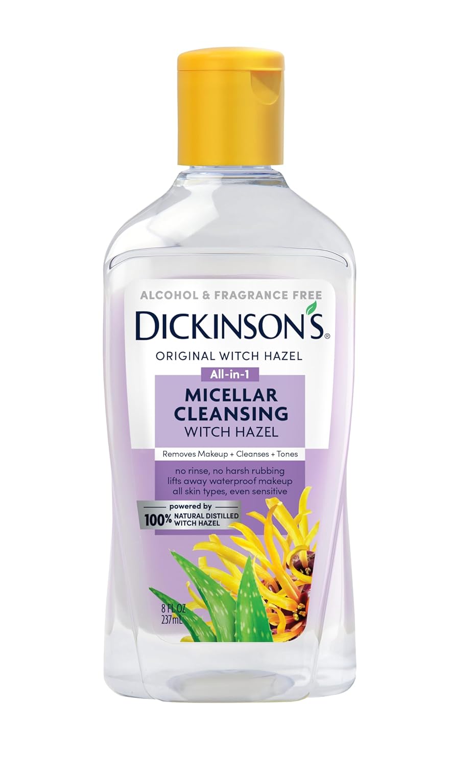 Dickinson's Micellar Cleansing Witch Hazel | 100% Natural Distilled Witch Hazel | Alcohol & Fragrance Free | Makeup Remover, Skin Cleanser, Facial Toner | Removes Dirt, Oil, Makeup | 8 Fl Oz-GlimoraGlow