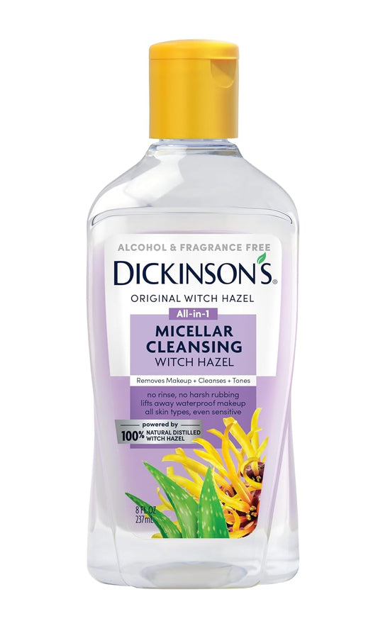 Dickinson's Micellar Cleansing Witch Hazel | 100% Natural Distilled Witch Hazel | Alcohol & Fragrance Free | Makeup Remover, Skin Cleanser, Facial Toner | Removes Dirt, Oil, Makeup | 8 Fl Oz-GlimoraGlow