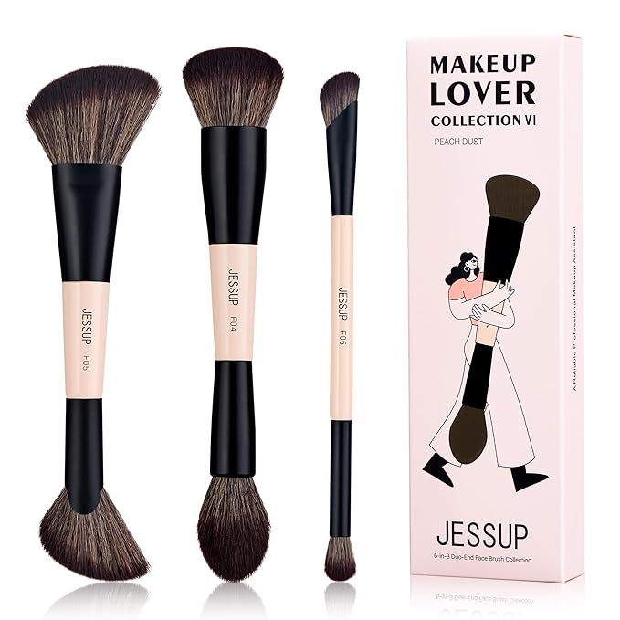 Jessup Face Makeup Brushes 3pcs Double Ended Makeup Brush Set for Foundation Contour Blush Highlight and Powder, Premium Synthetic Make up Brushes Peach Dust T508-GlimoraGlow