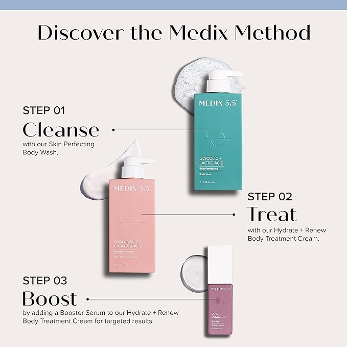Medix 5.5 Exfoliating AHA Glycolic Acid Face & Body Scrub Cleanser + Hyaluronic Acid Moisturizing Body Cream Lotion Skin Care 2PC Set | Alpha Hydroxy Acid & Lactic Acid Foaming Body Wash & Face Wash-GlimoraGlow