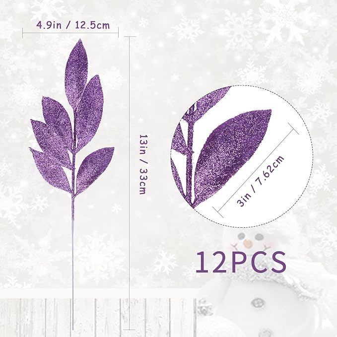 GREENTIME 12 Pack Artificial Purple Glitter Leaves 13" Fake Christmas Picks Decorative Glitter Sticks for Vase Christmas Tree DIY Wreath Crafts Fireplace Decor
