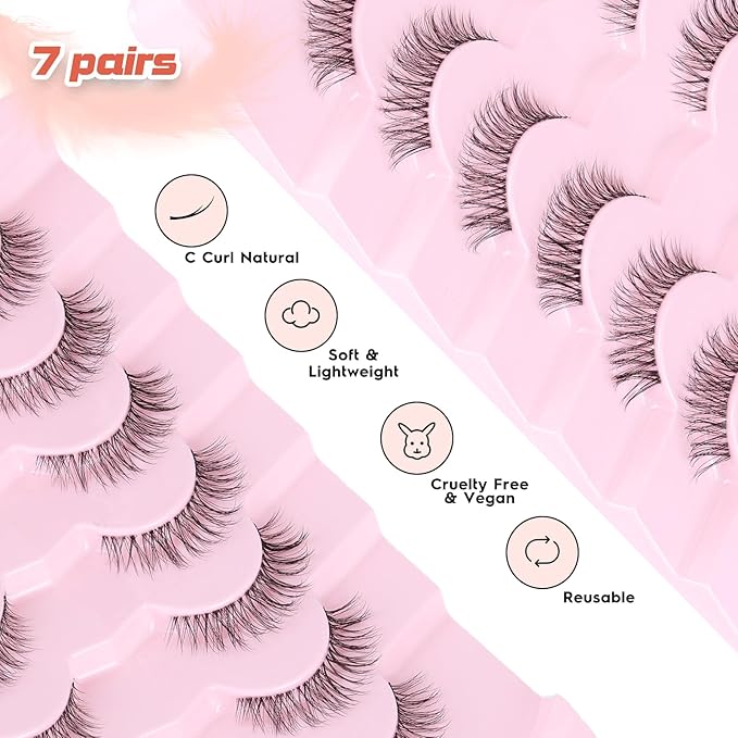 Lashes Natural Look False Eyelashes Wispy 13mm Eye Lashes Pack with Thin Cotton Band C Curl Fake Eyelashes 3D Volume For Daily Siligli Lash 7 Pair-GlimoraGlow