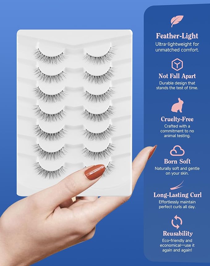 Eyelashes Natural Look Wispy Lashes Flared Strip False Eyelash Short Lash Soft False Eyelashes Fluffy Pack 7 Pairs Everyday 12MM D86-GlimoraGlow