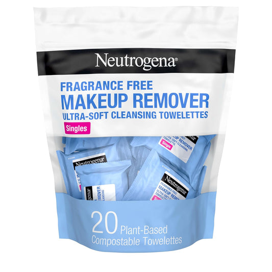 Neutrogena Fragrance-Free Makeup Remover Cleansing Towelette Singles, Individually-Wrapped Daily Face Wipes to Remove Dirt, Oil, Makeup & Waterproof Mascara for Travel & On-the-Go, 20 ct (Pack of 6)-GlimoraGlow