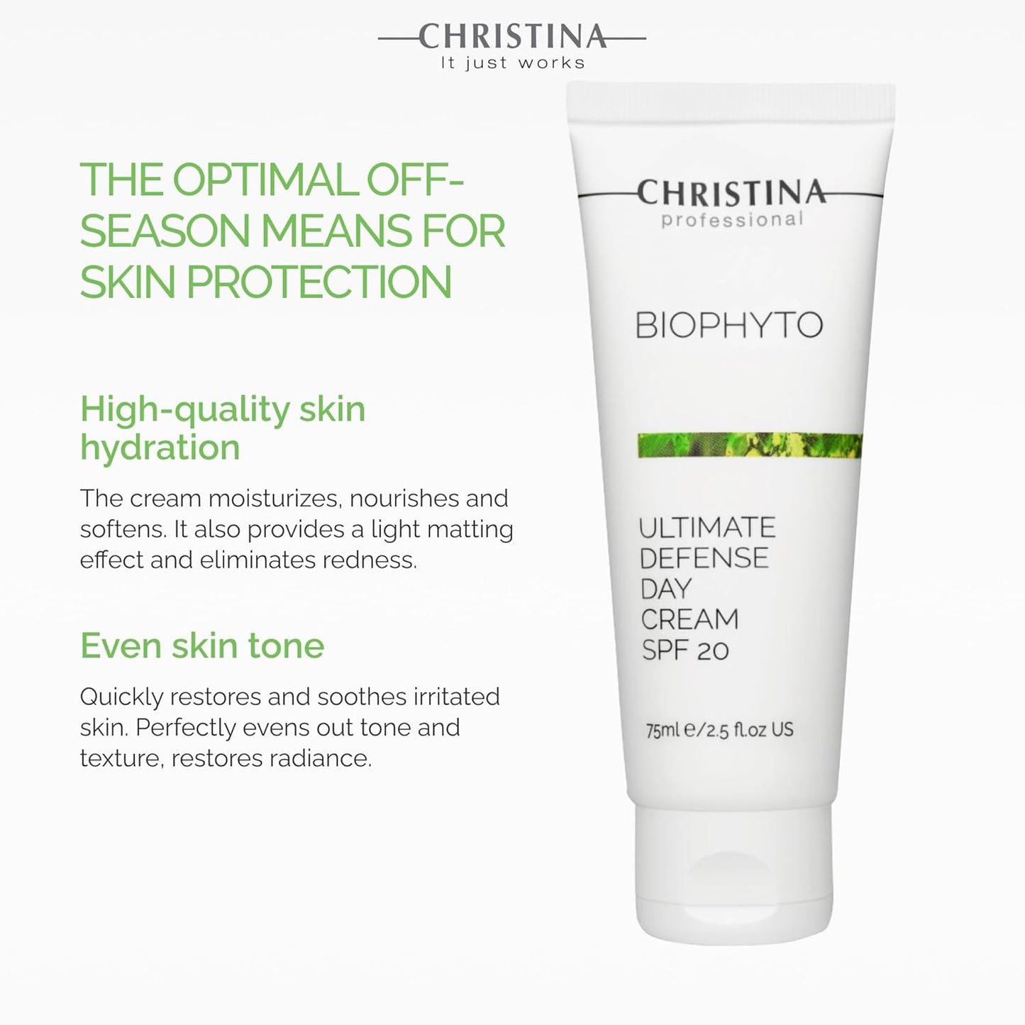 Christina Bio Phyto Ultimate Defense Day Cream Moisturizer with SPF 20-75 ml - Broad Spectrum UVA/UVB Protection Facial Moisturizer with Hyaluronic Acid & Vitamin B12- For Normal & Combination Skin-GlimoraGlow