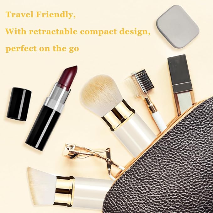 Makeup Brush, Retractable 2 Pack Travel Kabuki Powder Makeup Brush, Foundation Face Blush Brushes for Blending Liquid, Blush, Bronzer, Buffing, Sunscreen,Flawless Cosmetics-GlimoraGlow