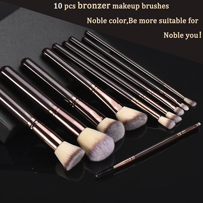 10 Piece Black brown Makeup Brushes - Wooden Handle with Soft Synthetic Bristles,for Face & Eye Makeup|Professional Makeup Brushes set for Women & Girls|-GlimoraGlow