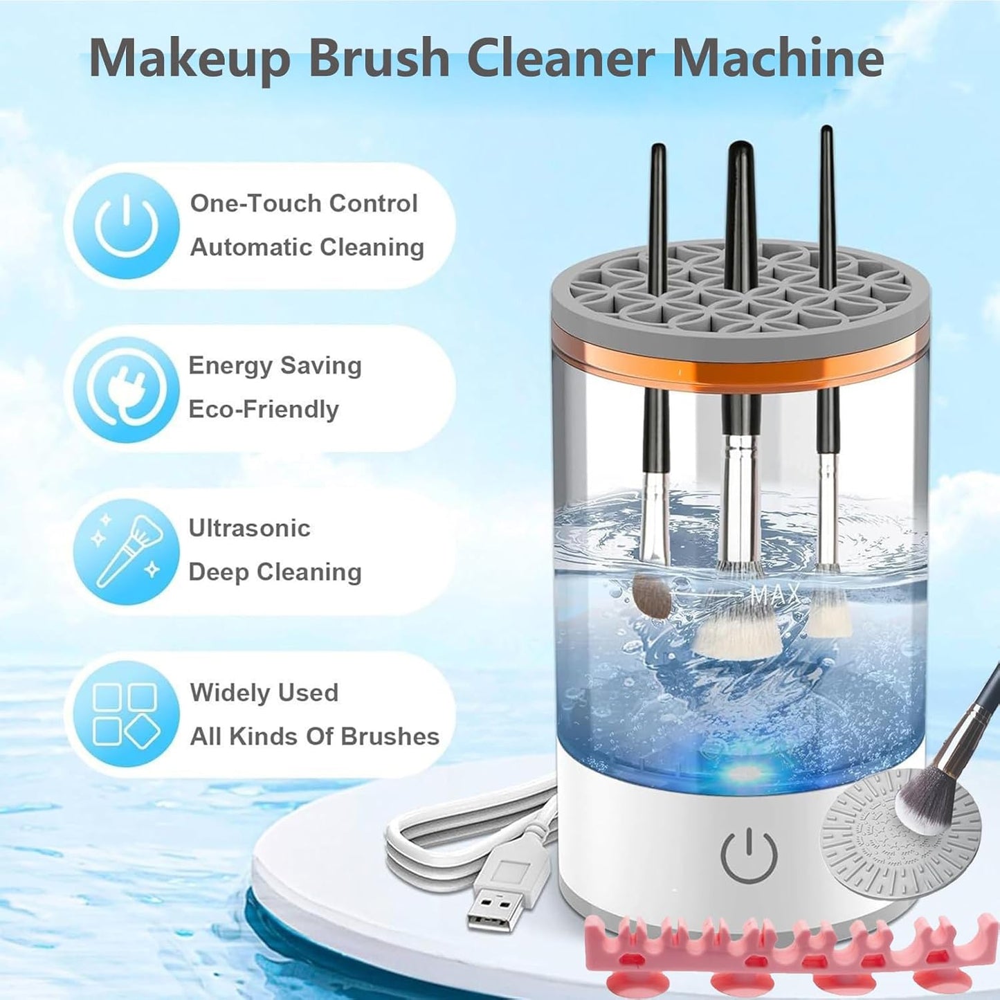 Makeup Brush Cleaner Machine, Portable Electric Makeup Brush Cleaner, Efficient Deep Cleaning Makeup Brushes, Automatic Spinning Make Up Brush Cleaner Fit for All Size Cosmetic Brush (White)-GlimoraGlow