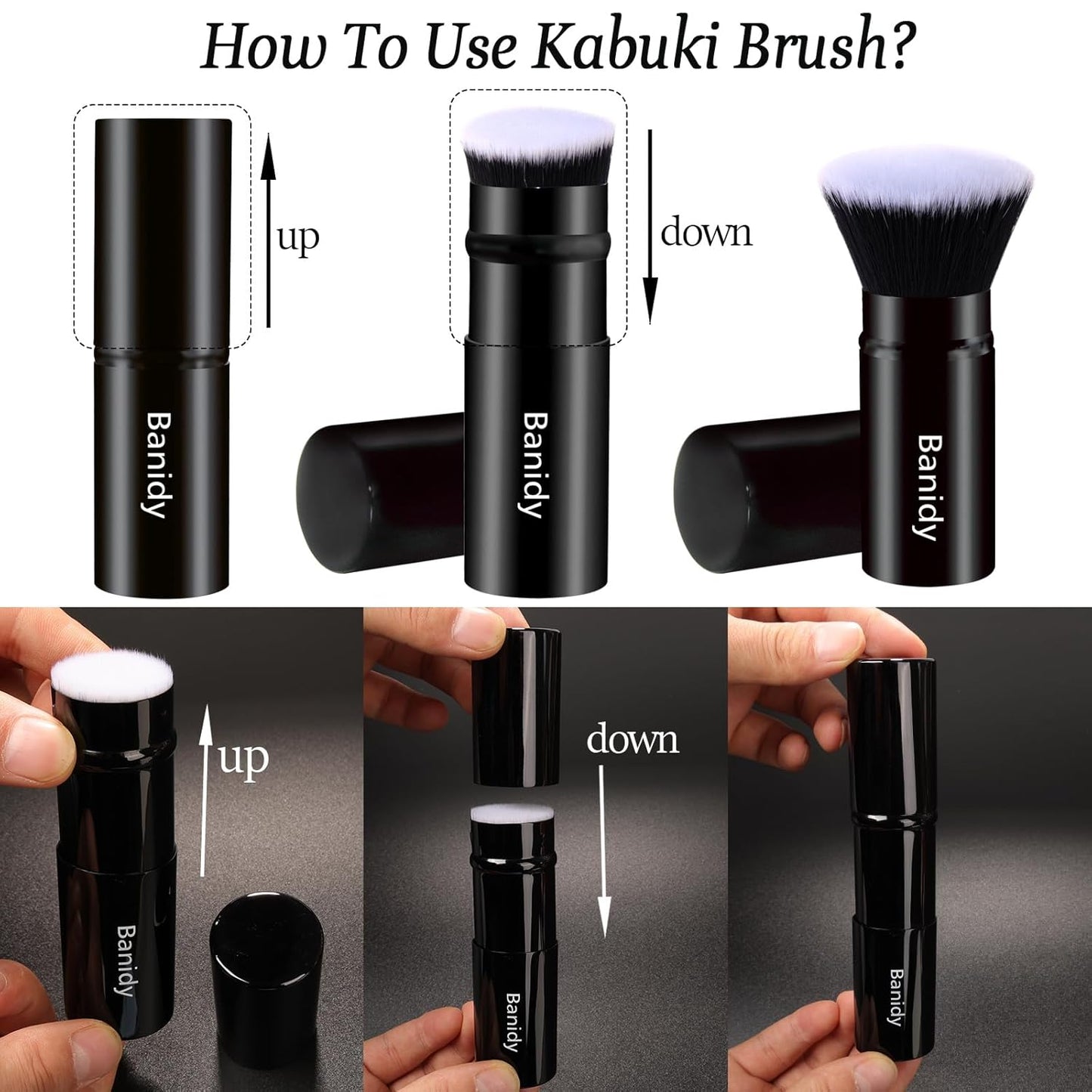 Makeup Brush Kabuki Face Brushes Retractable Travel Blush Brush Portable Flawless for Foundation, Powder Blush, Bronzer, Buffing, Liquid, Cream, Cruelty Free with Cover(Flat-Head)-GlimoraGlow