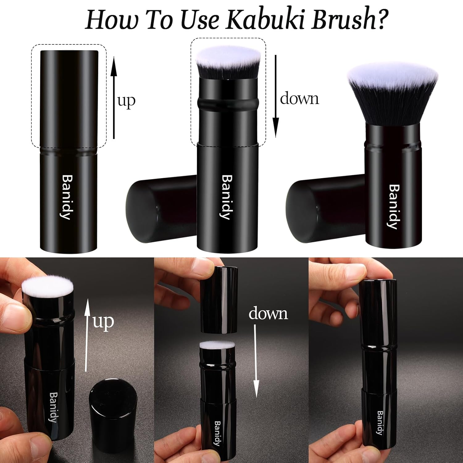 Makeup Brush Kabuki Face Brushes Retractable Travel Blush Brush Portable Flawless for Foundation, Powder Blush, Bronzer, Buffing, Liquid, Cream, Cruelty Free with Cover(Flat-Head)-GlimoraGlow