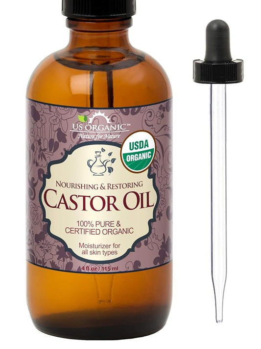US Organic Castor Oil, USDA Certified Organic,Expeller Pressed, Hexane Free, 100% Pure & Natural moisturizing and emollient properties, For Skin, Hair Care, Eyelashes, DIY projects (4 oz (115 ml))-GlimoraGlow