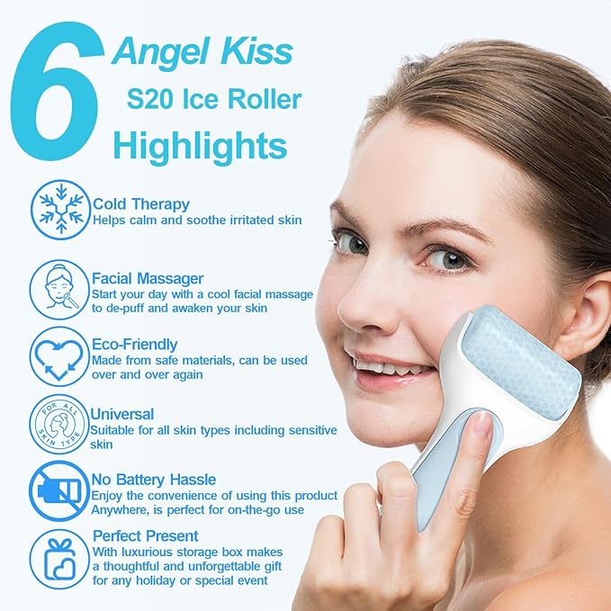 Angel Kiss Ice Roller for Face Eye, Women Gift Idea, Cold Therapy Massager for Reduce Puffiness, Redness, Dark Circles, Tightening Firming, Reduce Wrinkles, Migraine Pain Relief, w/Premium Carry Case-GlimoraGlow