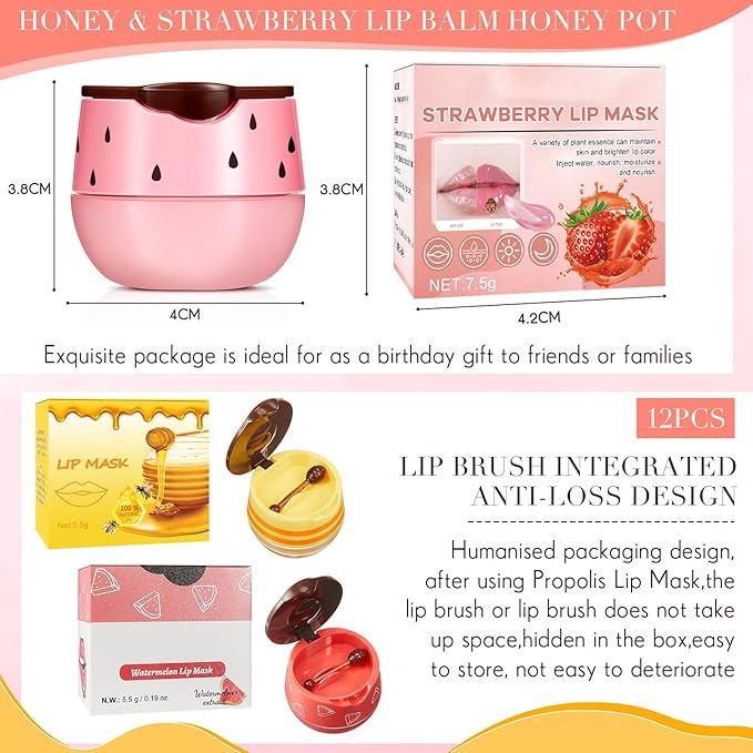 12 Pcs Bee Lip Balm Honey Pot with Brush Propolis Lip Mask Overnight, Moisturizing Hydrating Lip Sleeping Mask Prevention Dry and Cracked(Honey+Strawberry+Watermelon)-GlimoraGlow