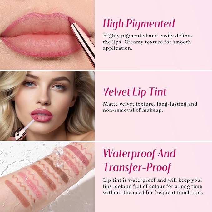 2 PCS Lip Liner and Lip Stain Combo Set, High Pigmented Long Lasting Velvet Lip Tint, Well-Defined Lipliner, Weightless Waterproof Not Animal Tested, Matte Finish Makeup-GlimoraGlow