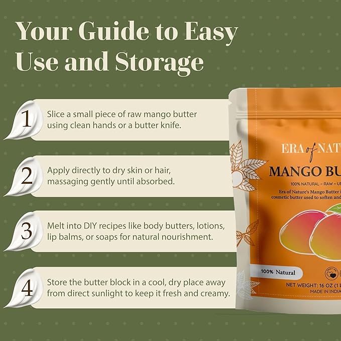 era of nature Organic Unrefined Raw Mango Body Butter Block 16oz - Moisturizing Mango Seed Raw Butter Bar for Skin & Hair, DIY Lip Balm Base, Cream, Soap & Lotion Making Supplies, Personal Skincare-GlimoraGlow