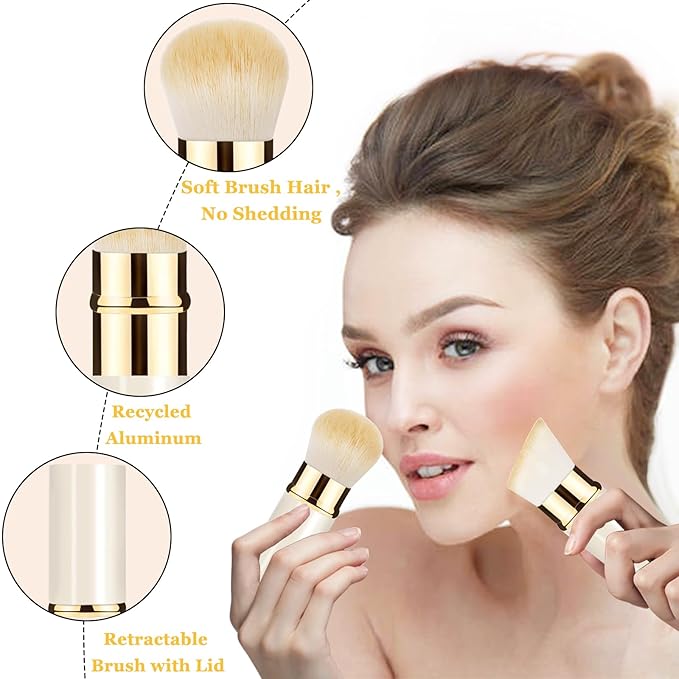 Makeup Brush, Retractable 2 Pack Travel Kabuki Powder Makeup Brush, Foundation Face Blush Brushes for Blending Liquid, Blush, Bronzer, Buffing, Sunscreen,Flawless Cosmetics-GlimoraGlow