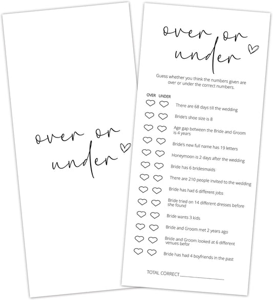 Bridal Shower Games, Over or Under, 25Pcs 4x9inch Minimalist White Double-Sided Bridal Game Cards, Wedding Shower Games for Guests, Engagement Bachelorette Party Supplies - A10