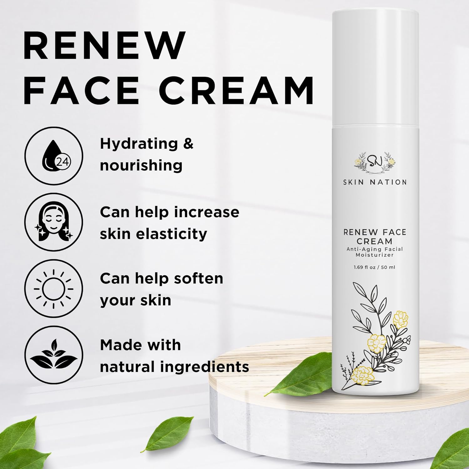 Skin Nation Renew Face Cream, Hydrating Moisturizer with Peptides, Hyaluronic Acid & Green Tea, Lightweight Plant-Based Cream for Smooth, Radiant Skin, 1.69 fl oz-GlimoraGlow