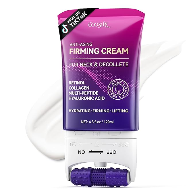 Firming Neck & Décolleté Cream with Retinol, AH-8 Hexapeptide, Collagen & Squalane – Instant Face Lift Cream for Wrinkles, Tightening & Crepey Skin – Neck Firming cream with Massage Roller – 4.3 fl oz-GlimoraGlow