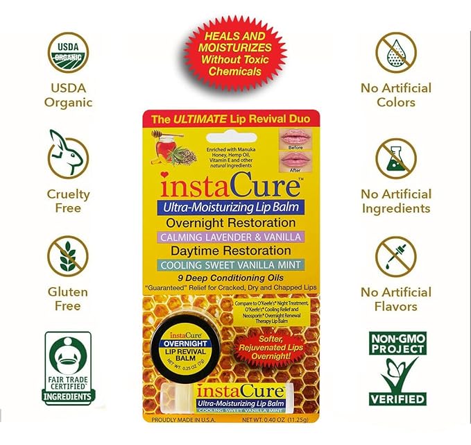 InstaCure's Original Nose Balm Fast Relief for Cracked, Dry & Sore Noses! Ultra-Moisturizing Lip Repair Duo. Calming Lavender & Vanilla Overnight Lip Mask + Cooling Sweet Vanilla Mint Daytime Lip Balm-GlimoraGlow