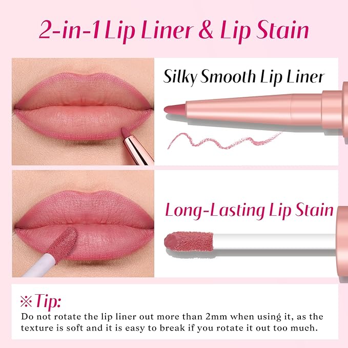 2 PCS Lip Liner and Lip Stain Combo Set, High Pigmented Long Lasting Velvet Lip Tint, Well-Defined Lipliner, Weightless Waterproof Not Animal Tested, Matte Finish Makeup-GlimoraGlow