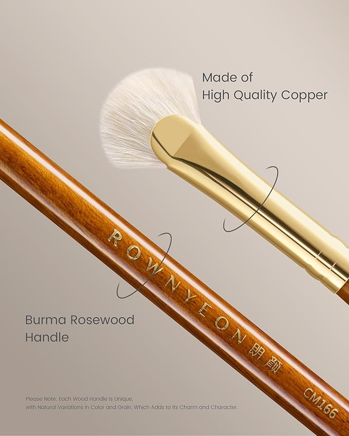 Desert Oak Series Mini Fan Brush - Ultra-Fine Goat Hair for Precision Highlighting, Flat Fan Shape Targets Cheekbones/Nose Bridge, Ebana Bubinga Handle & Brass Ferrule (CM 166)-GlimoraGlow
