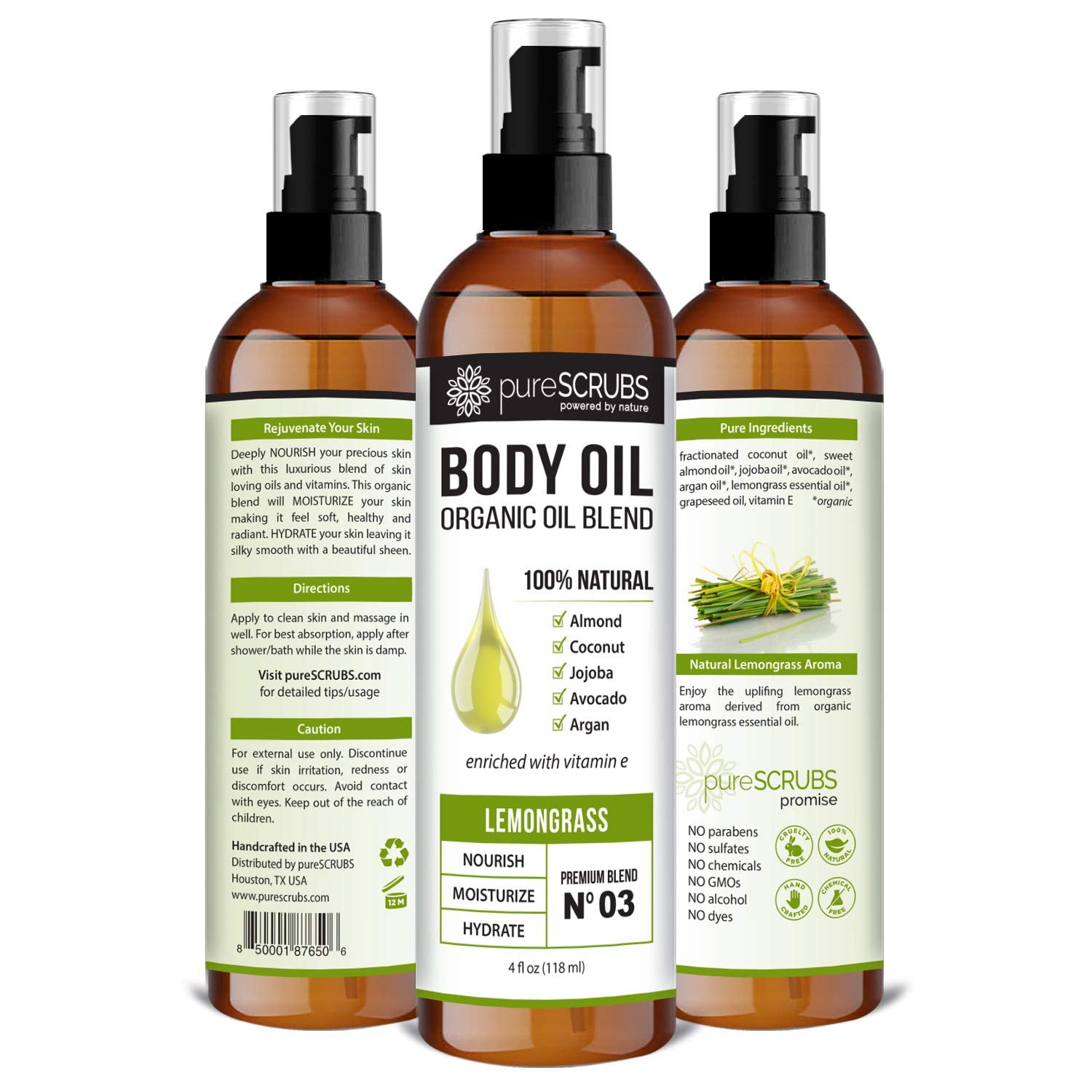 pureSCRUBS Ultra Moisturizing Lemongrass Body Oil Spray for Dry Skin, Massage, & More, Organic Super Blend of Jojoba, Argan, Coconut, Sweet Almond & Avocado Oils Enriched with Vitamin E, Lg 4oz-GlimoraGlow