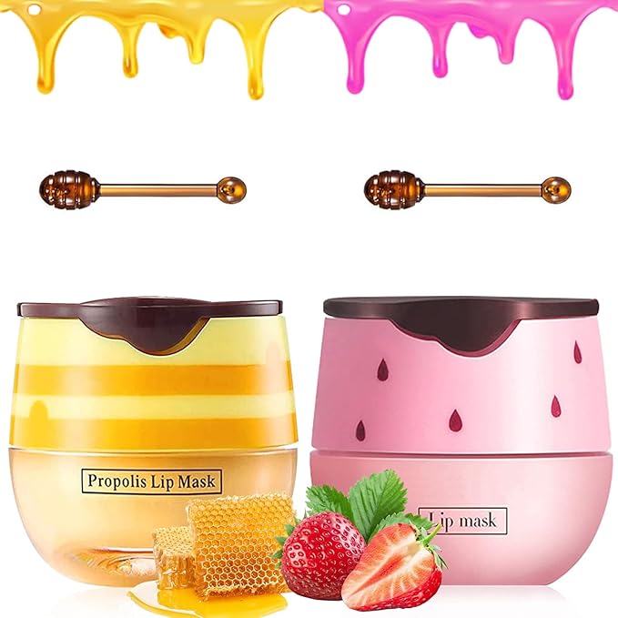 2 PCS Bee Lip Balm Honey Pot, Strawberry & Honey Lip Sleeping Masks Overnight, Hydrating Prevention Dry and Cracked Lip Scrubs Exfoliator Lip Care, Reduces Lip Lines-GlimoraGlow