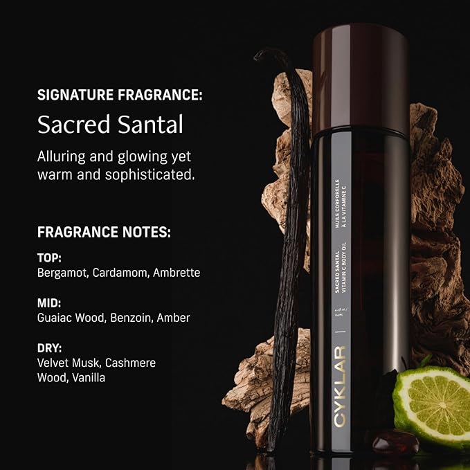 Vitamin C Body Oil for Women and Men. Moisturizing Sacred Santal Scented Body Serum for Glowing Skin. Nourishing, Hydrating After-Shower and Bath Skin Care Moisturizer, 4.2 Fl Oz-GlimoraGlow