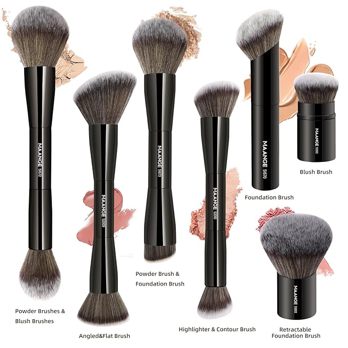 MAANGE 7pcs Makeup Brush Set Double Sided Kabuki Makeup Brushes Contour Brush for Foundation Liquid Powder Concealer Cream Cosmetics Bronzer Blending Blush Buffing Makeup Tools (Black)-GlimoraGlow