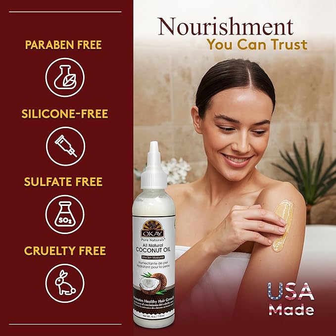 Okay 100% Pure Coconut Oil for Hair & Skin - Coconut Oil for Women & Men, Perfect for Hair & Body, for Massage & Moisturizer, Natural - 4 fl oz Squeeze Bottle (Pack of 1)-GlimoraGlow