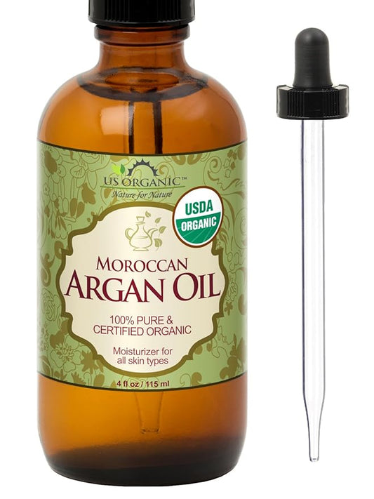 US Organic Moroccan Argan Oil, Cold-Pressed Virgin, USDA Certified, 100% Pure, Unrefined, for Hair, Skin, Nail & Cuticle Care, in Amber Glass Bottle, Sourced from Morocco (4 oz (Large))-GlimoraGlow